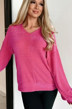 Clearance Dear-Lover Textured Long Sleeve V Neck Top Rose Red