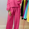 Best Dear-Lover Textured Puff Sleeve Top and Pants Set Rose Red