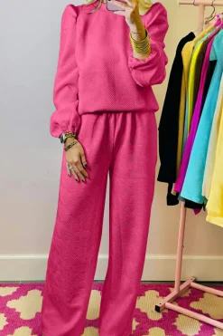 Best Dear-Lover Textured Puff Sleeve Top and Pants Set Rose Red