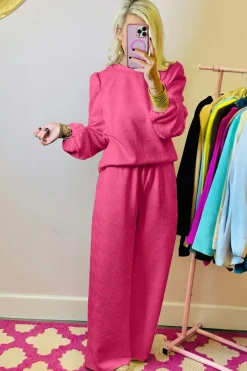 Best Dear-Lover Textured Puff Sleeve Top and Pants Set Rose Red