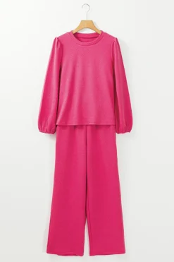 Best Dear-Lover Textured Puff Sleeve Top and Pants Set Rose Red