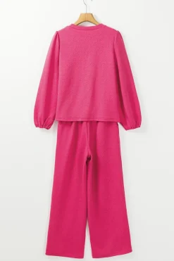 Best Dear-Lover Textured Puff Sleeve Top and Pants Set Rose Red