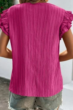Online Dear-Lover Textured Ruffled Sleeve V Neck Top Rose Red