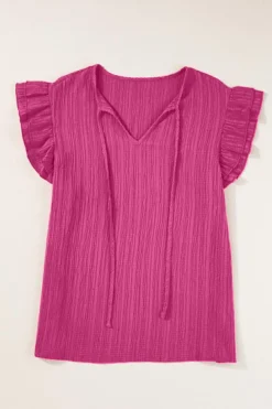 Online Dear-Lover Textured Ruffled Sleeve V Neck Top Rose Red