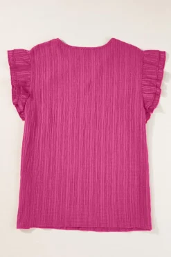 Online Dear-Lover Textured Ruffled Sleeve V Neck Top Rose Red