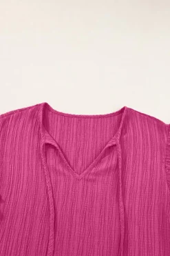Online Dear-Lover Textured Ruffled Sleeve V Neck Top Rose Red