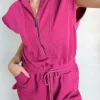 Hot Dear-Lover Textured Short Sleeve Half Zip Drawstring Waist Romper Rose Red