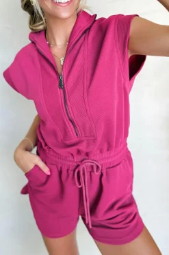 Hot Dear-Lover Textured Short Sleeve Half Zip Drawstring Waist Romper Rose Red