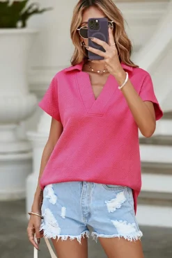 New Dear-Lover Textured V Neck Collared Short Sleeve Top Rose Red