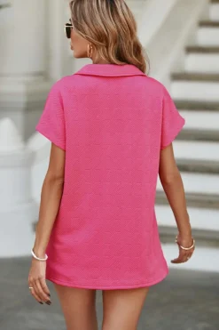 New Dear-Lover Textured V Neck Collared Short Sleeve Top Rose Red