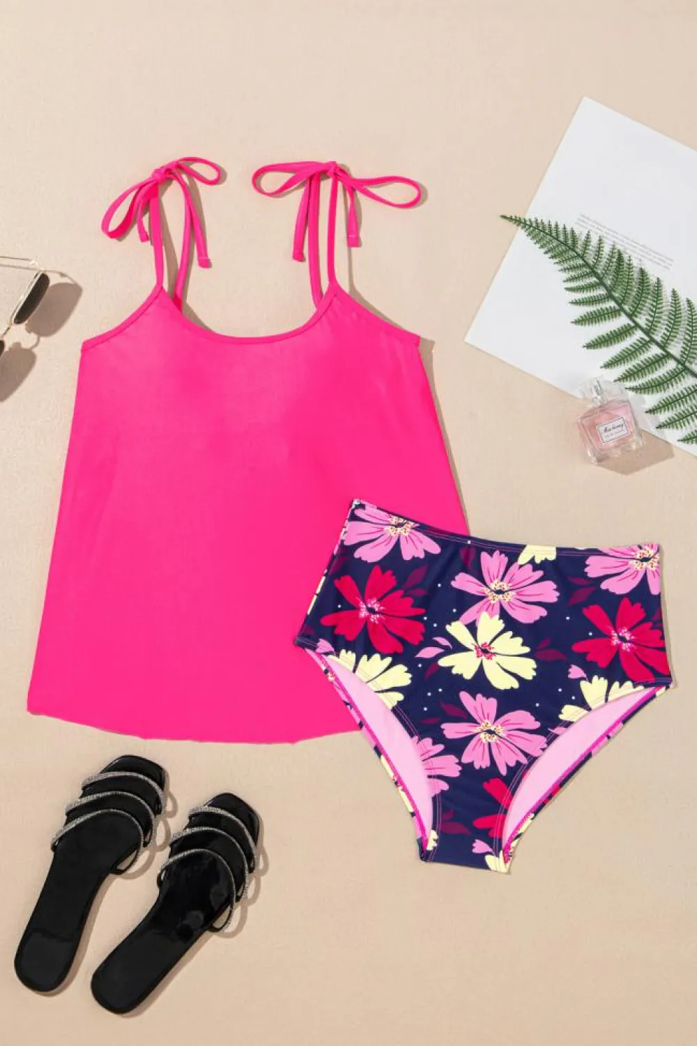Sale Dear-Lover Tie Shoulder Floral Print Cute Tankini Set Rose Red