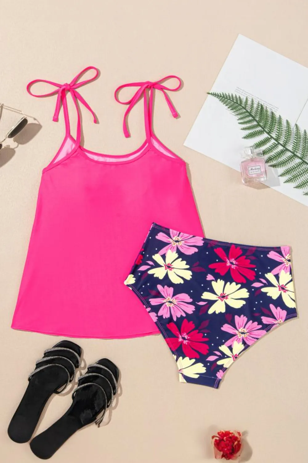 Sale Dear-Lover Tie Shoulder Floral Print Cute Tankini Set Rose Red