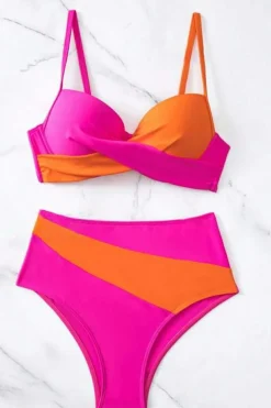 Discount Dear-Lover 2-tone Patchwork Twist Bikini High Waist Swimsuit Rose Red