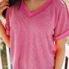 Fashion Dear-Lover Twisted Ribbed Knit V Neck Casual Tee Rose Red