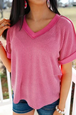 Fashion Dear-Lover Twisted Ribbed Knit V Neck Casual Tee Rose Red