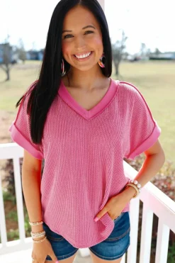 Fashion Dear-Lover Twisted Ribbed Knit V Neck Casual Tee Rose Red
