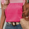 Discount Dear-Lover Two Tone Ruffled Flutter Sleeve Blouse Rose Red