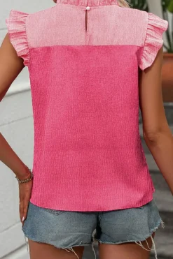 Discount Dear-Lover Two Tone Ruffled Flutter Sleeve Blouse Rose Red