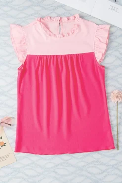 Discount Dear-Lover Two Tone Ruffled Flutter Sleeve Blouse Rose Red