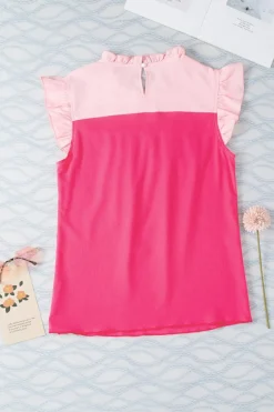 Discount Dear-Lover Two Tone Ruffled Flutter Sleeve Blouse Rose Red