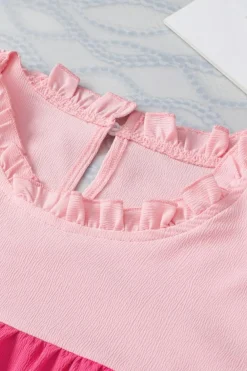 Discount Dear-Lover Two Tone Ruffled Flutter Sleeve Blouse Rose Red