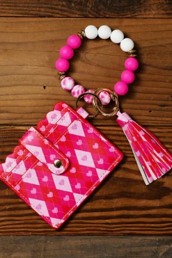 New Dear-Lover Valentine Fashion PU Card Bag Key Chain with Silicone Bracelet Rose Red