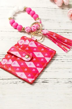 New Dear-Lover Valentine Fashion PU Card Bag Key Chain with Silicone Bracelet Rose Red