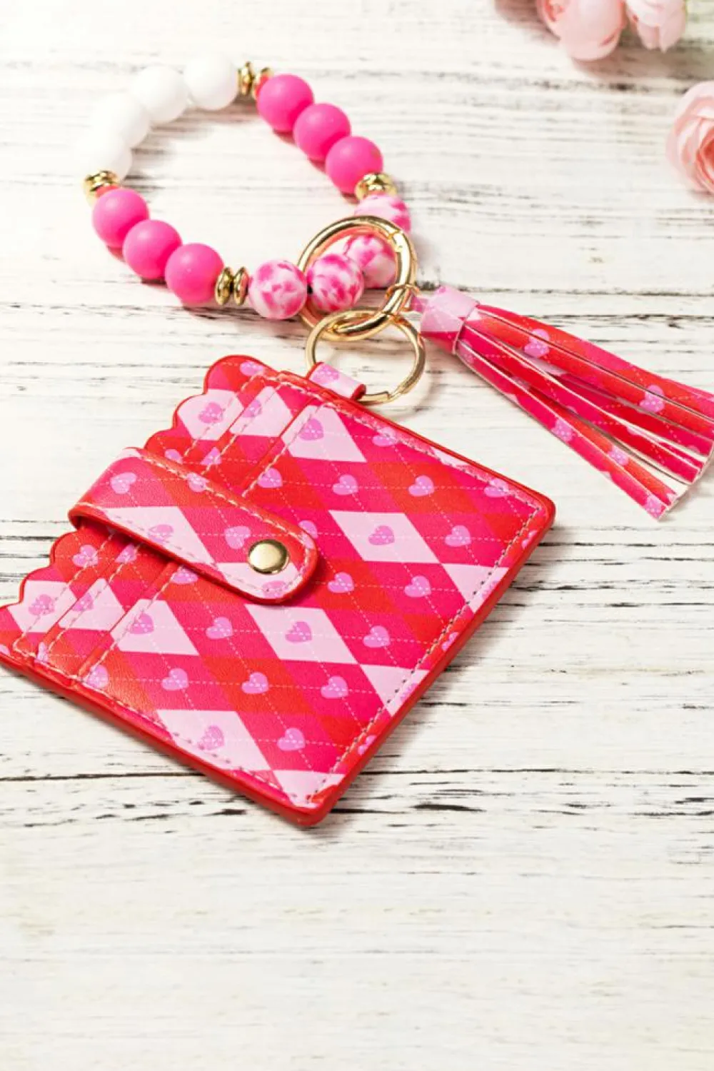 New Dear-Lover Valentine Fashion PU Card Bag Key Chain with Silicone Bracelet Rose Red
