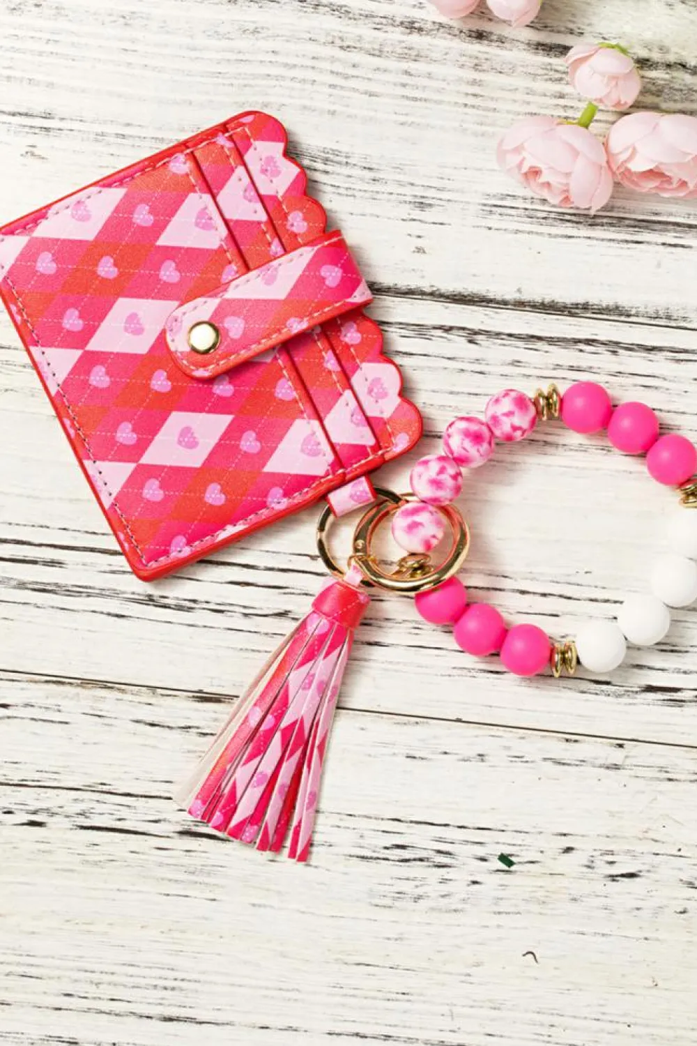 New Dear-Lover Valentine Fashion PU Card Bag Key Chain with Silicone Bracelet Rose Red