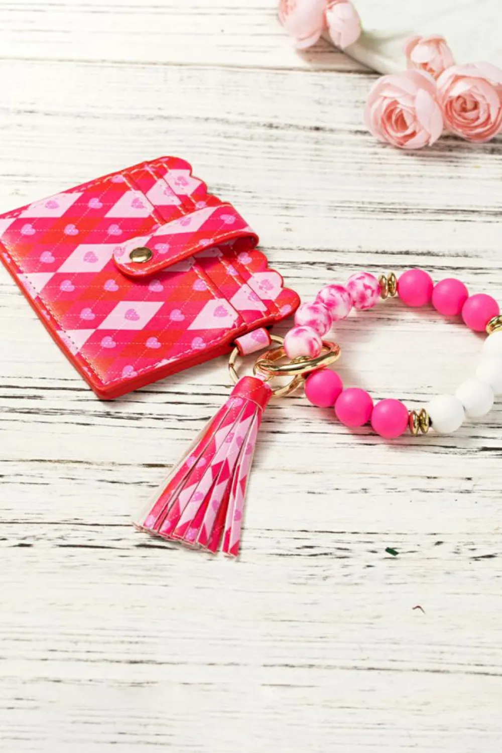 New Dear-Lover Valentine Fashion PU Card Bag Key Chain with Silicone Bracelet Rose Red