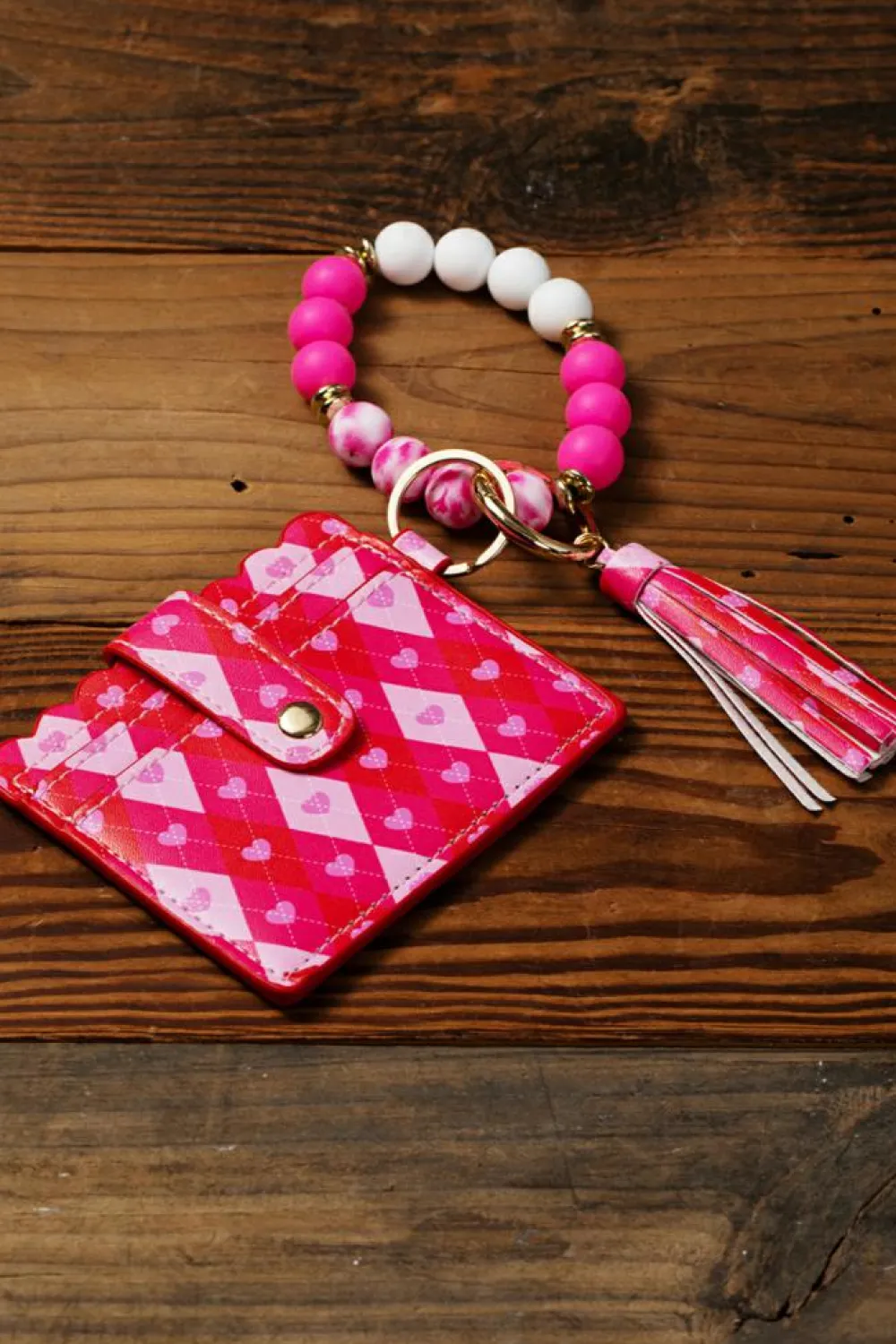 New Dear-Lover Valentine Fashion PU Card Bag Key Chain with Silicone Bracelet Rose Red