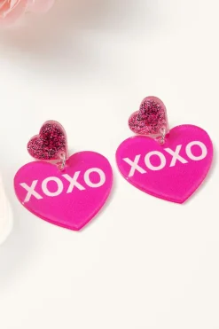 Online Dear-Lover Valentine XOXO Print Double Heart Shape Earrings Rose Red