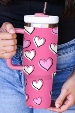 Hot Dear-Lover Valentines Heart Printed Thermos Cup with Handle 40oz Rose Red