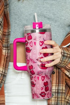 Clearance Dear-Lover Valentines Hearts and Kisses Print Thermos Cup 40oz Rose Red