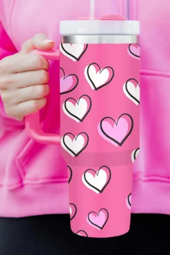 Hot Dear-Lover Valentines Heart Printed Thermos Cup with Handle 40oz Rose Red