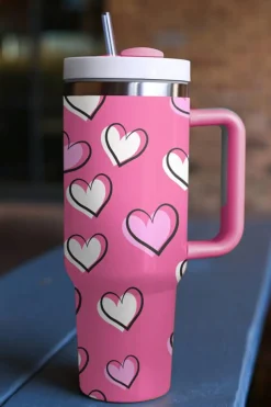 Hot Dear-Lover Valentines Heart Printed Thermos Cup with Handle 40oz Rose Red
