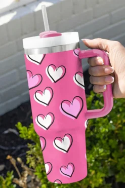 Hot Dear-Lover Valentines Heart Printed Thermos Cup with Handle 40oz Rose Red