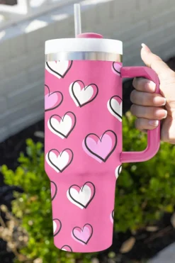 Hot Dear-Lover Valentines Heart Printed Thermos Cup with Handle 40oz Rose Red
