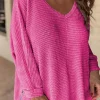 Discount Dear-Lover Waffle Knit Side Slits Loose Fit V Neck Top Rose Red