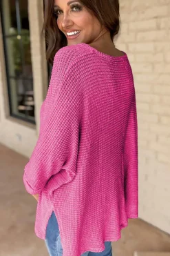 Discount Dear-Lover Waffle Knit Side Slits Loose Fit V Neck Top Rose Red