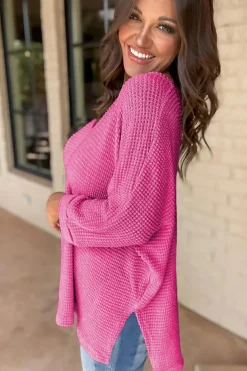 Discount Dear-Lover Waffle Knit Side Slits Loose Fit V Neck Top Rose Red