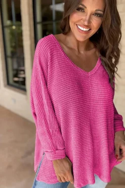 Discount Dear-Lover Waffle Knit Side Slits Loose Fit V Neck Top Rose Red