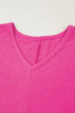 Discount Dear-Lover Waffle Knit Side Slits Loose Fit V Neck Top Rose Red