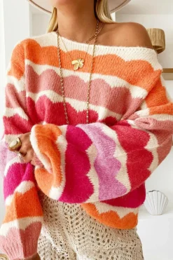 Best Dear-Lover Wave Striped Balloon Sleeve Drop Shoulder Sweater Rose Red