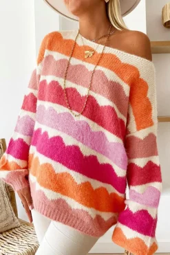 Best Dear-Lover Wave Striped Balloon Sleeve Drop Shoulder Sweater Rose Red