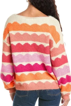 Best Dear-Lover Wave Striped Balloon Sleeve Drop Shoulder Sweater Rose Red