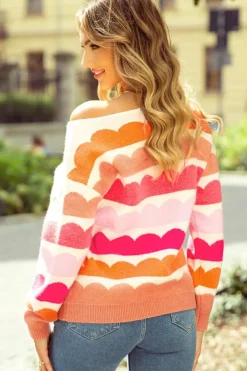 Best Dear-Lover Wave Striped Balloon Sleeve Drop Shoulder Sweater Rose Red