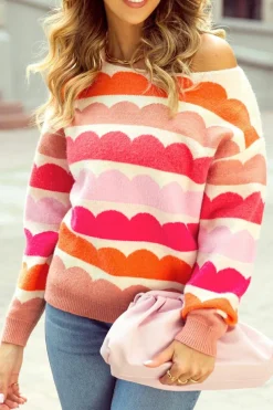 Best Dear-Lover Wave Striped Balloon Sleeve Drop Shoulder Sweater Rose Red