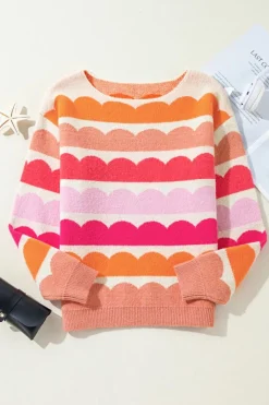Best Dear-Lover Wave Striped Balloon Sleeve Drop Shoulder Sweater Rose Red