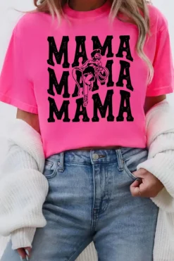 Fashion Dear-Lover Western MAMA Print Crew Neck T Shirt Rose Red